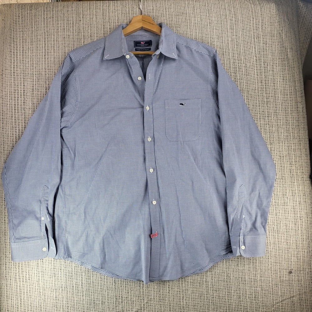 Vineyard Vines Shirt Mens Medium Blue White Check Classic Fit Tucker Whale Logo